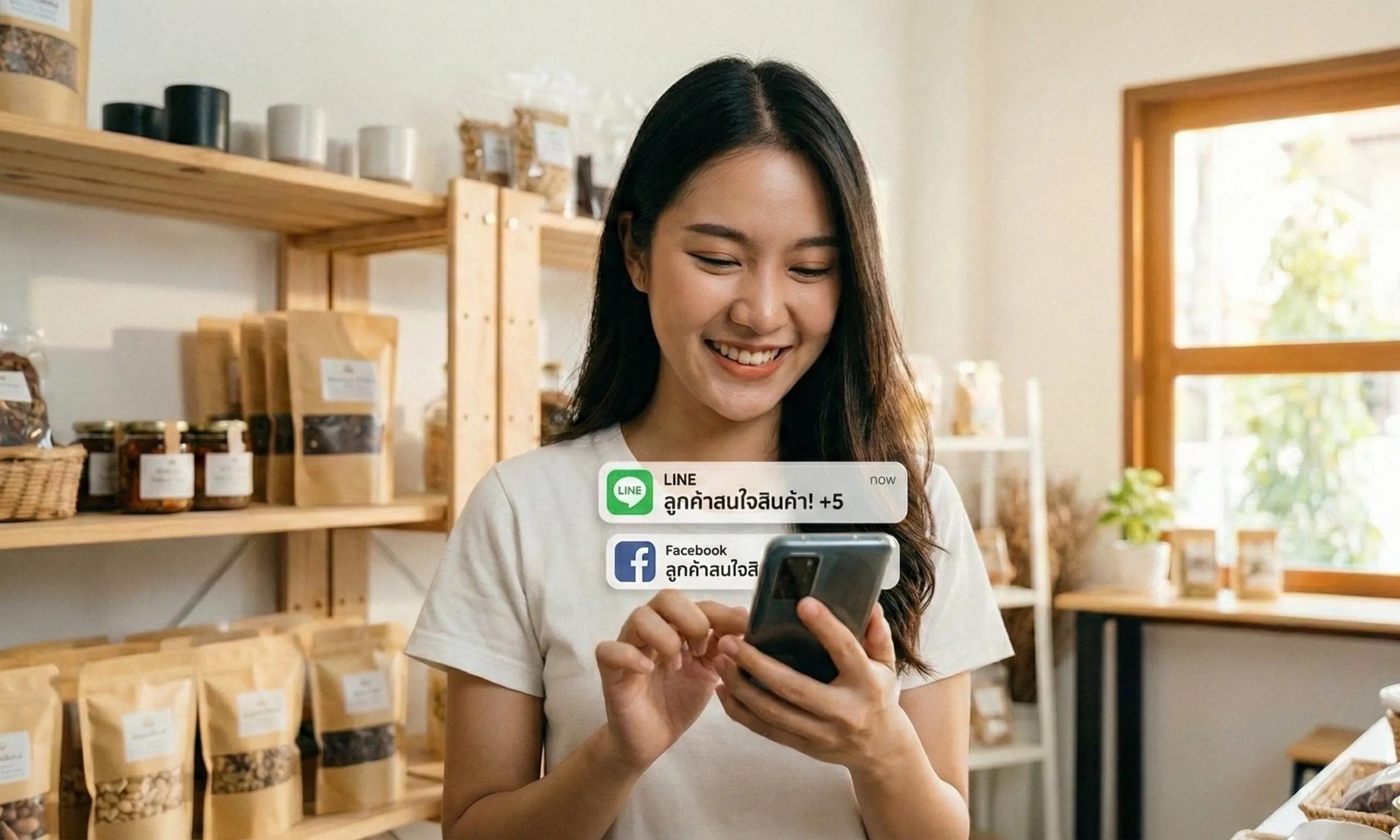 เจ้าของร้านใหม่ชาวไทยยิ้มดูแจ้งเตือนลูกค้าสนใจบนมือถือ